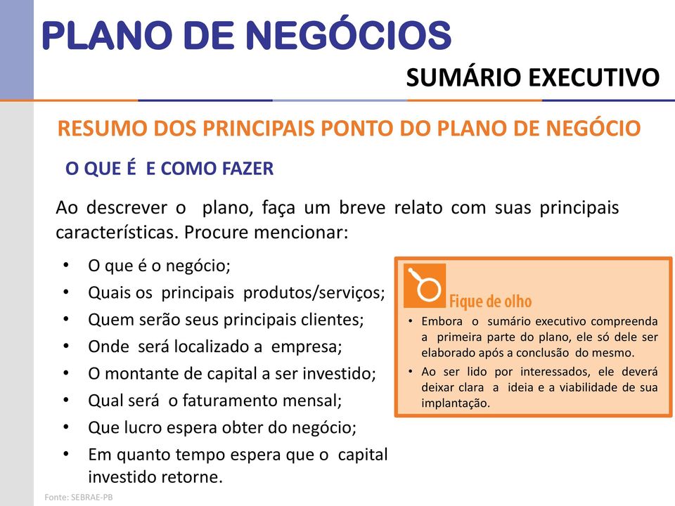 a ser investido; Qual será o faturamento mensal; Que lucro espera obter do negócio; Em quanto tempo espera que o capital investido retorne.