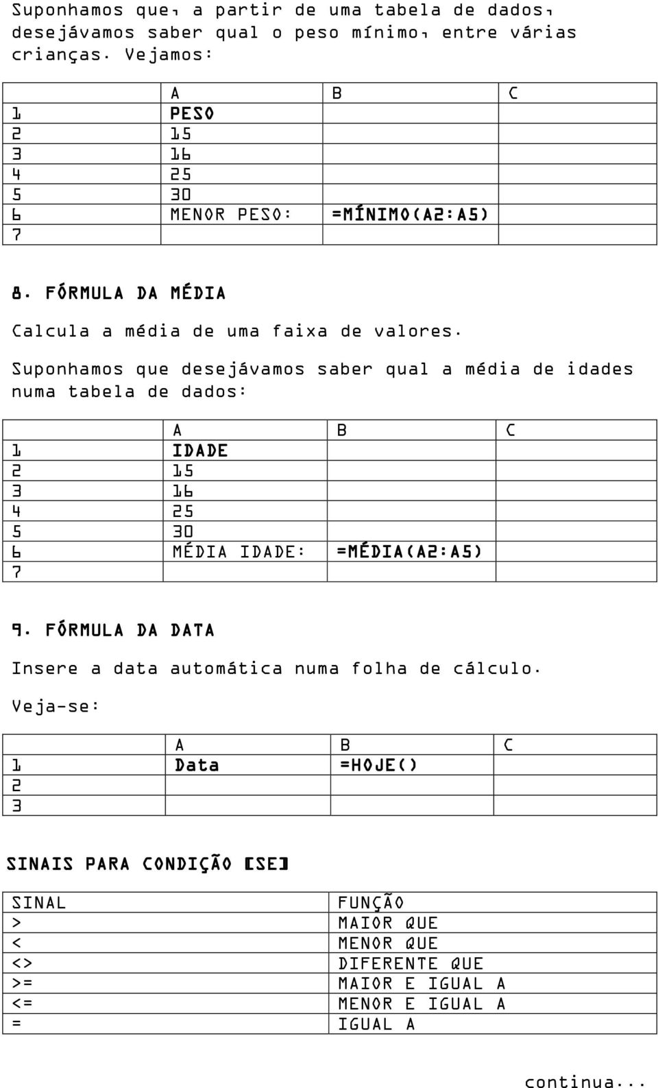 Suponhamos que desejávamos saber qual a média de idades numa tabela de dados: 1 IDADE 1 5 0 MÉDIA IDADE: =MÉDIA(A2:A5) 9.