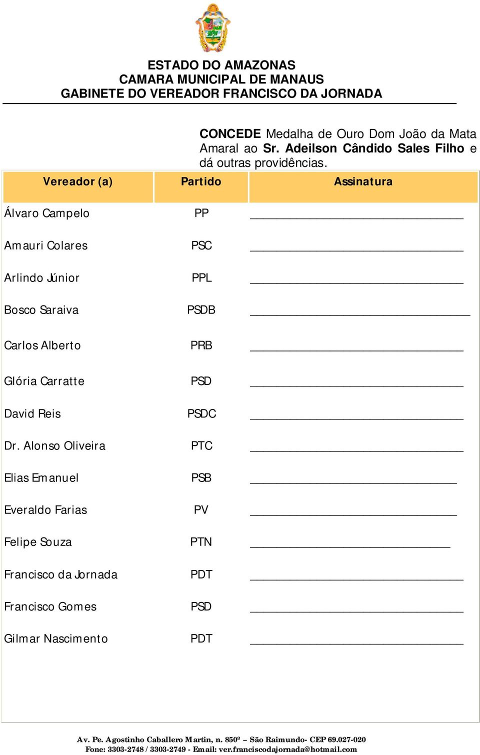 Vereador (a) Partido Assinatura Álvaro Campelo PP Amauri Colares PSC Arlindo Júnior PPL Bosco Saraiva