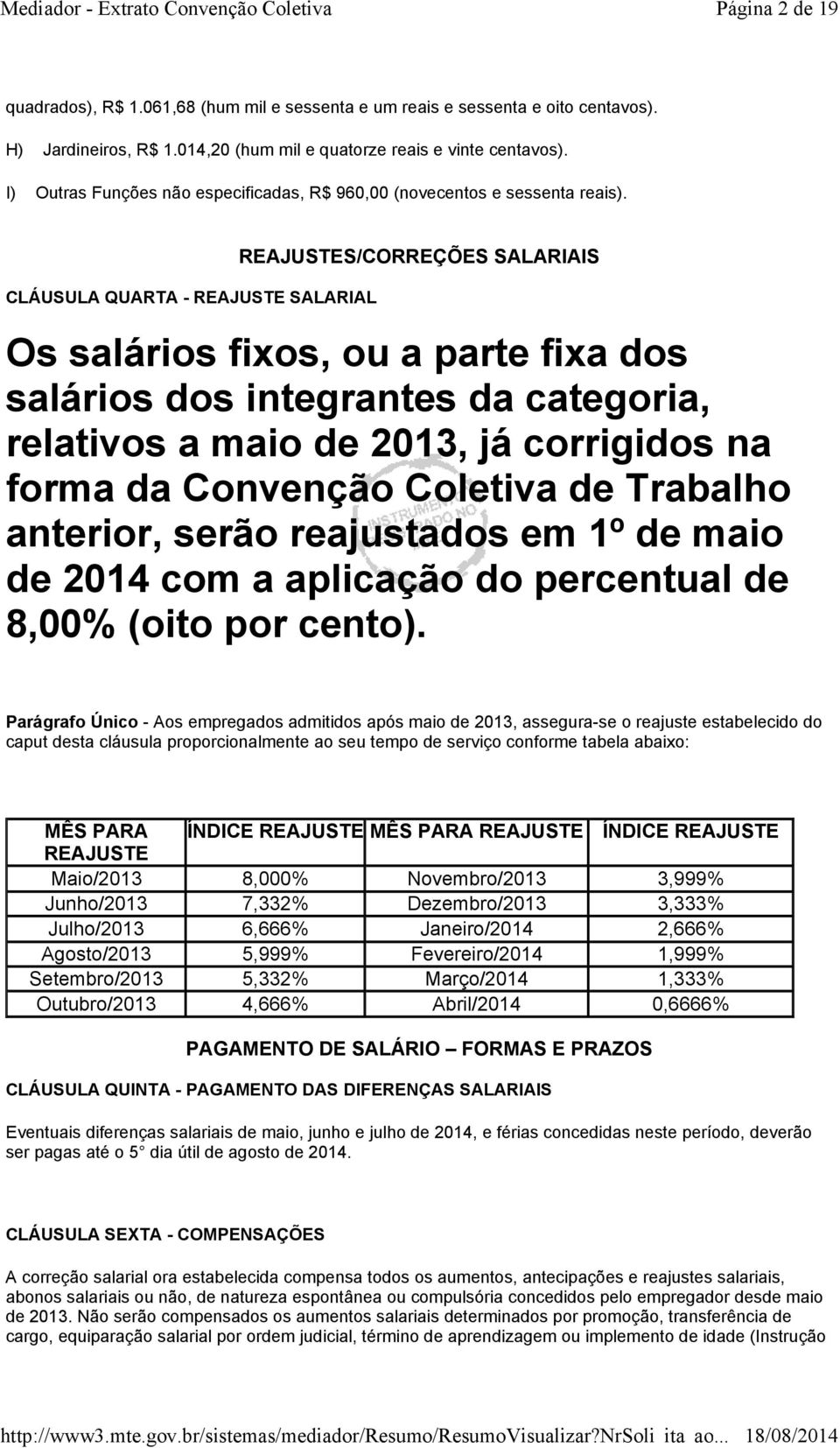 CLÁUSULA QUARTA - REAJUSTE SALARIAL REAJUSTES/CORREÇÕES SALARIAIS Os salários fixos, ou a parte fixa dos salários dos integrantes da categoria, relativos a maio de 2013, já corrigidos na forma da