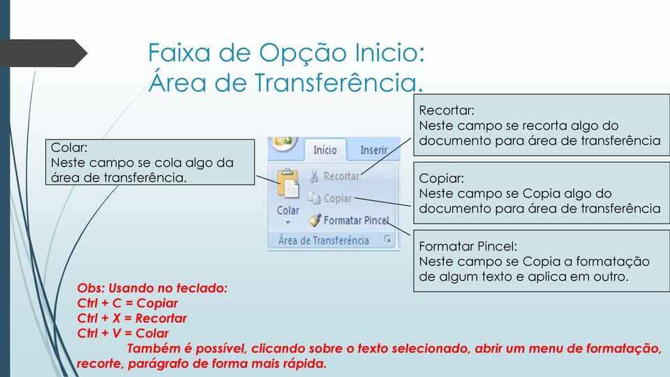 de transferência Formatar Pincel: Neste campo se Copia a formatação de algum texto e aplica em outro.