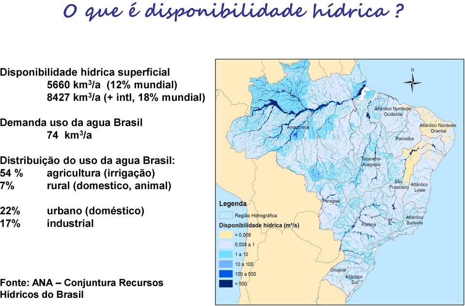 18% mundial) Demanda uso da agua Brasil 74 km 3 /a Distribuição do uso da agua Brasil: