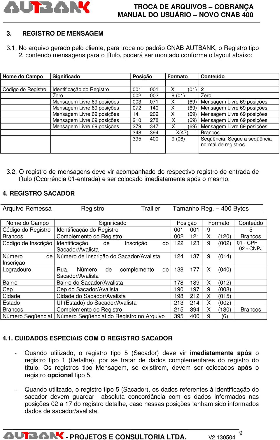 Formato Conteúdo Código do Registro Identificação do Registro 001 001 X (01) 2 Zero 002 002 9 (01) Zero Mensagem Livre 69 posições 003 071 X (69) Mensagem Livre 69 posições Mensagem Livre 69 posições