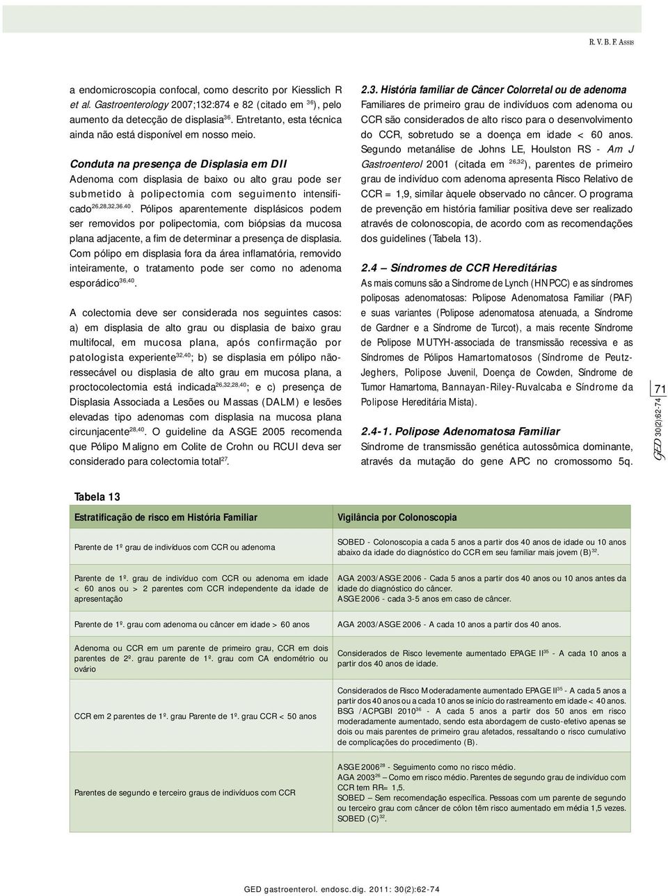 Conduta na presença de Displasia em DII Adenoma com displasia de baixo ou alto grau pode ser submetido à polipectomia com seguimento intensifi - cado 26,28,32,36.40.