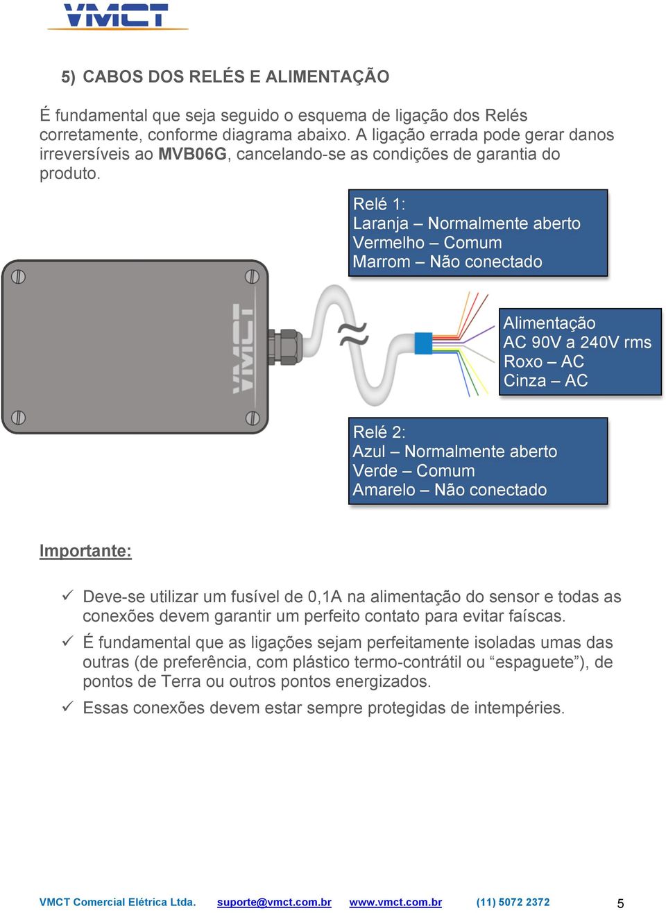 Relé 1: Laranja Normalmente aberto Vermelho Comum Marrom Não conectado Alimentação AC 90V a 240V rms Roxo AC Cinza AC Relé 2: Azul Normalmente aberto Verde Comum Amarelo Não conectado Importante: