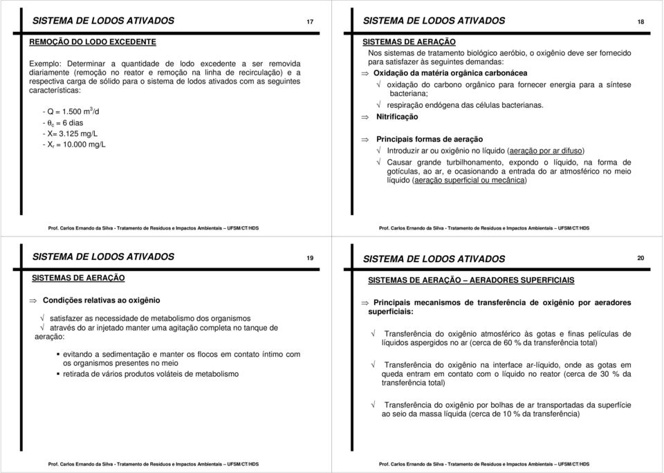 Oxidação da matéria orgânica carbonácea oxidação do carbono orgânico para fornecer energia para a síntese bacteriana; - 1.500 m 3 /d - θ c 6 dias - 3.125 mg/l - r 10.