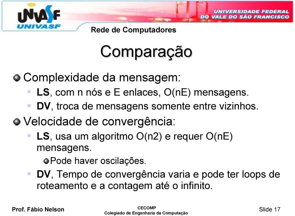 Velocidade de convergência: LS, usa um algoritmo O(n2) e requer O(nE) mensagens.