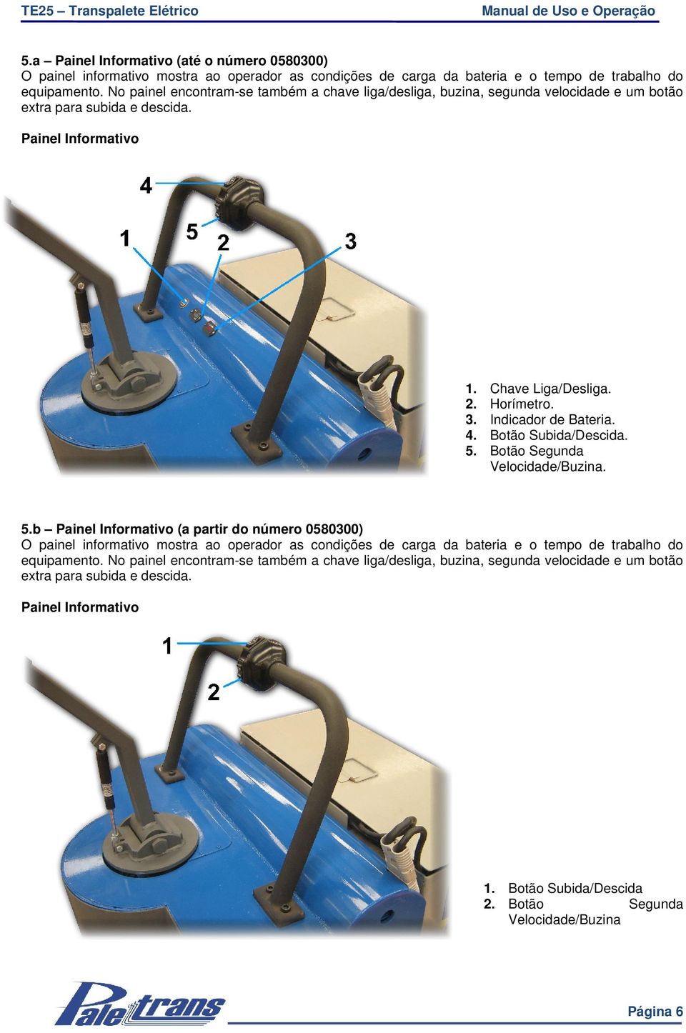 Indicador de Bateria. 4. Botão Subida/Descida. 5.