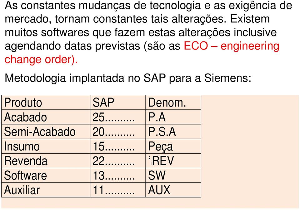 engineering change order). Metodologia implantada no SAP para a Siemens: Produto SAP Denom.