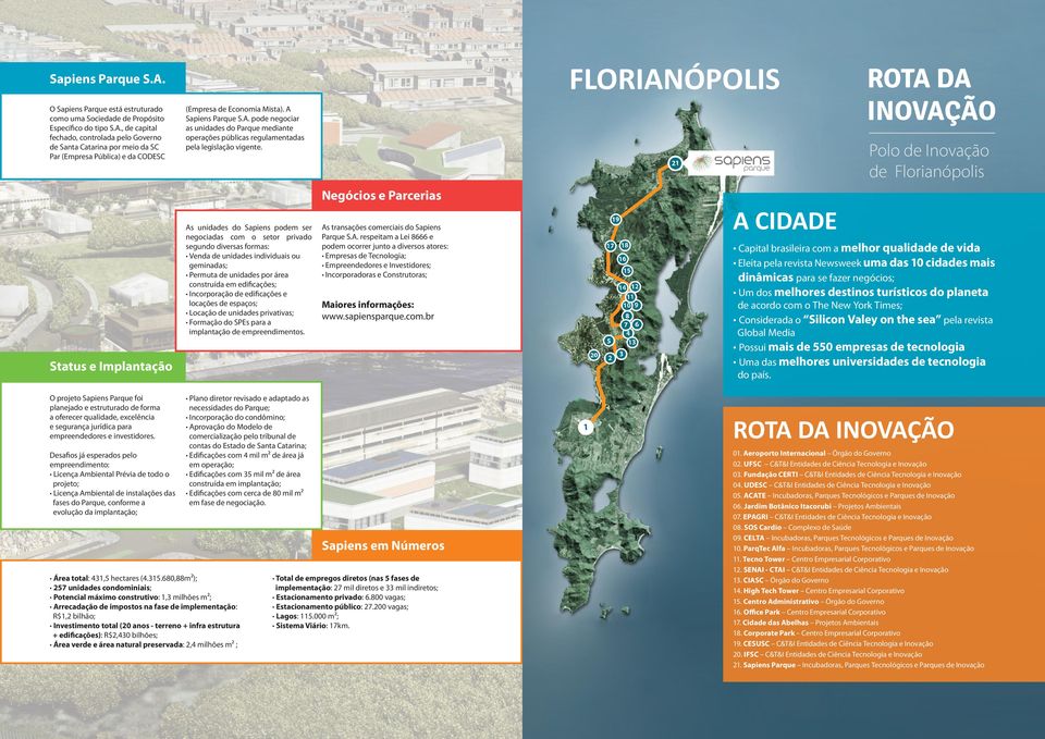 Polo de Inovação de Florianópolis Negócios e Parcerias As unidades do Sapiens podem ser negociadas com o setor privado segundo diversas formas: Venda de unidades individuais ou geminadas; Permuta de