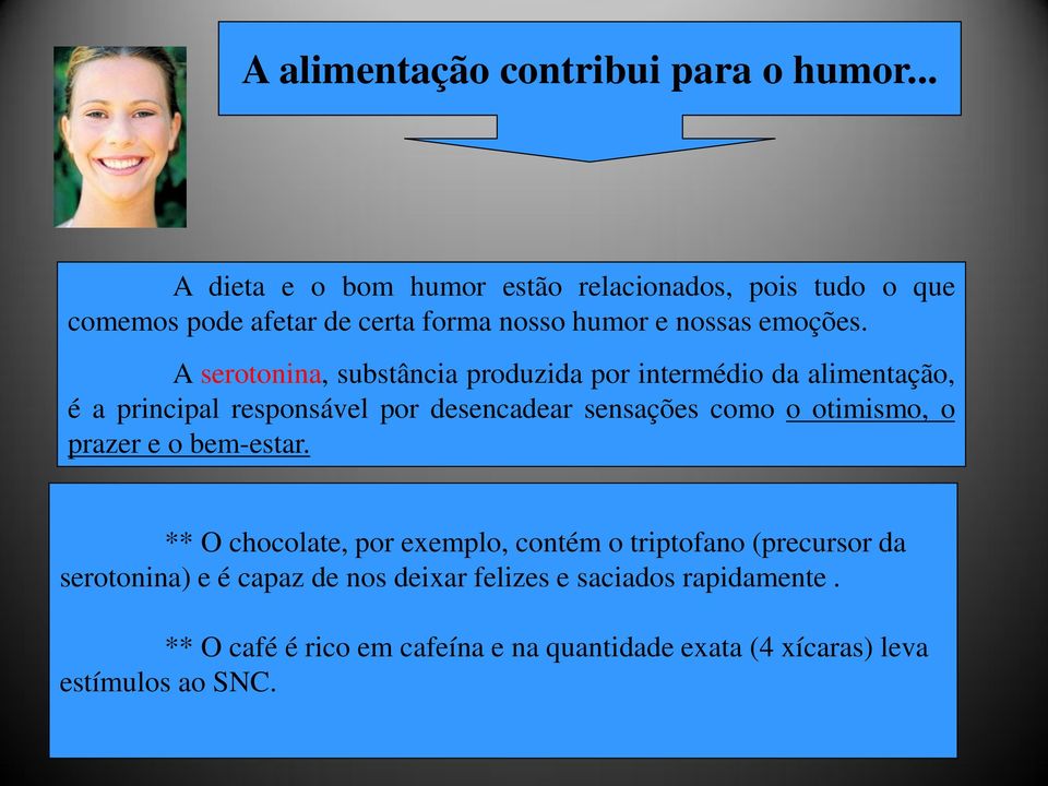 A serotonina, substância produzida por intermédio da alimentação, é a principal responsável por desencadear sensações como o otimismo,