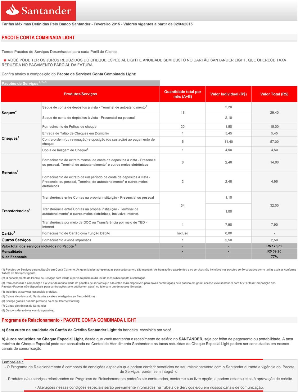 - Presencial ou pessoal 2,10 Fornecimento de Folhas de 20 1,50 15,00 ou pessoal, Terminal de autoatendimento 7 e outros meios 34 Transferências 4 autoatendimento 7 e outros meios, inclusive.