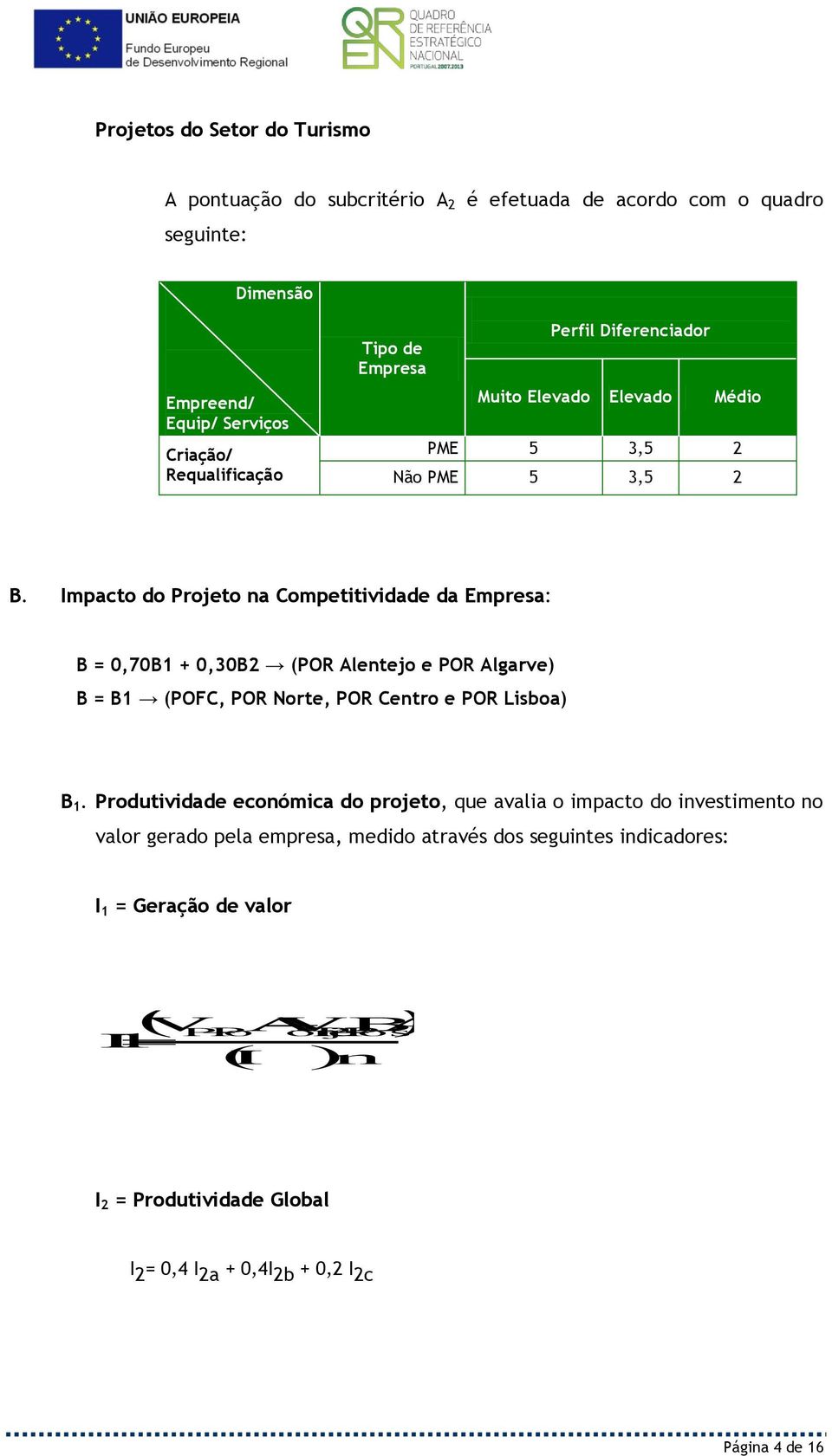 Impacto do Projeto na Competitividade da Empresa: B = 0,70B1 + 0,30B2 (POR Alentejo e POR Algarve) B = B1 (POFC, POR Norte, POR Centro e POR Lisboa) B 1.