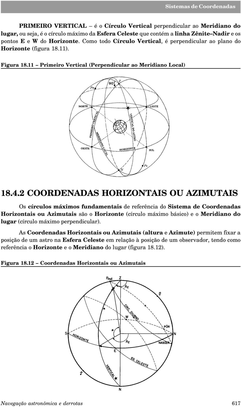 2 COORDENADAS HORIZONTAIS OU AZIMUTAIS Os círculos máximos fundamentais de referência do Sistema de Coordenadas Horizontais ou Azimutais são o Horizonte (círculo máximo básico) e o Meridiano do lugar