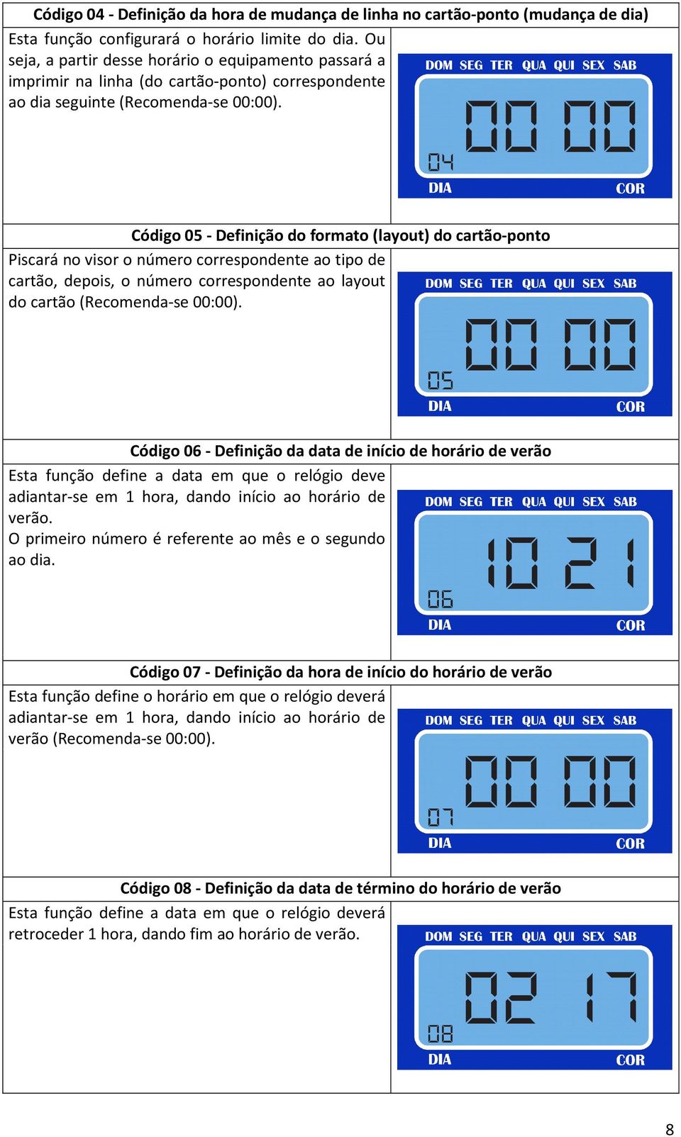 Código 05 - Definição do formato (layout) do cartão-ponto Piscará no visor o número correspondente ao tipo de cartão, depois, o número correspondente ao layout do cartão (Recomenda-se 00:00).