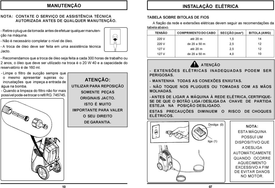 - Recomendamos que a troca de óleo seja feita a cada 300 horas de trabalho ou 2 anos, o óleo que deve ser utilizado na troca é o 20 W 40 e a capacidade do reservatório é de 160 ml.