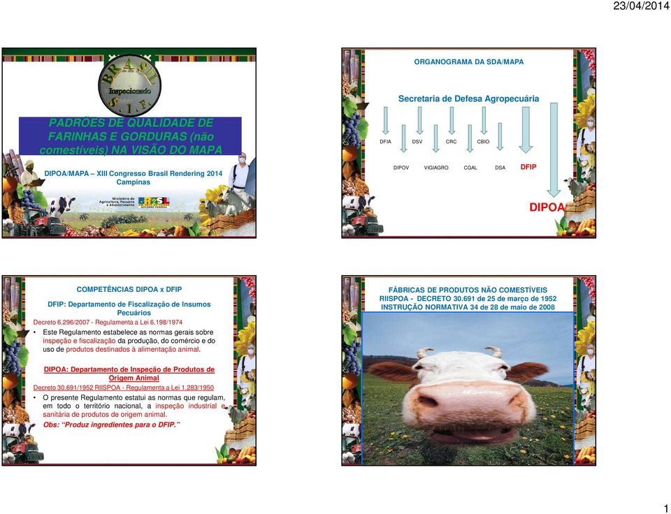 198/1974 Este Regulamento estabelece as normas gerais sobre inspeção e fiscalização da produção, do comércio e do uso de produtos destinados à alimentação animal. RIISPOA - DECRETO 30.