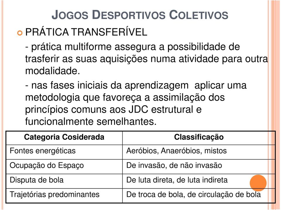 - nas fases iniciais da aprendizagem aplicar uma metodologia que favoreça a assimilação dos princípios comuns aos JDC estrutural e