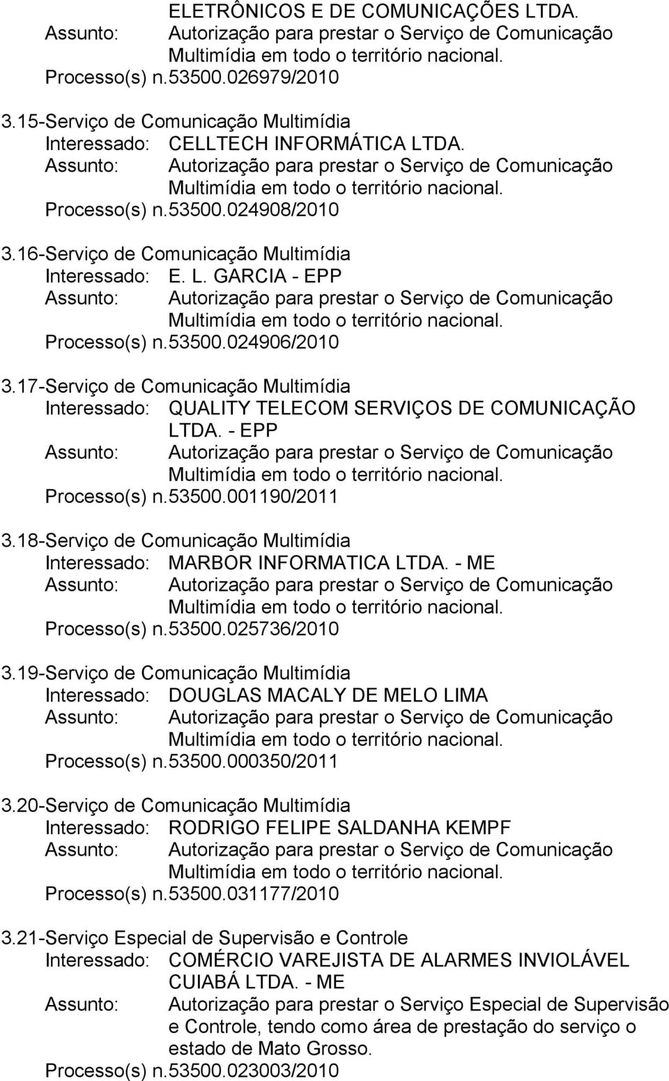 17- Serviço de Comunicação Multimídia Interessado: QUALITY TELECOM SERVIÇOS DE COMUNICAÇÃO LTDA. - EPP Processo(s) n. 53500.001190/2011 3.