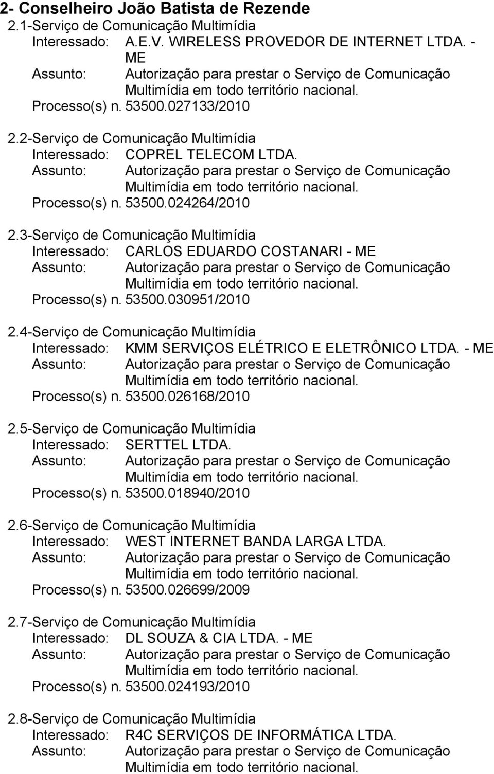53500.030951/2010 2.4- Serviço de Comunicação Multimídia Interessado: KMM SERVIÇOS ELÉTRICO E ELETRÔNICO LTDA. - ME Processo(s) n. 53500.026168/2010 2.
