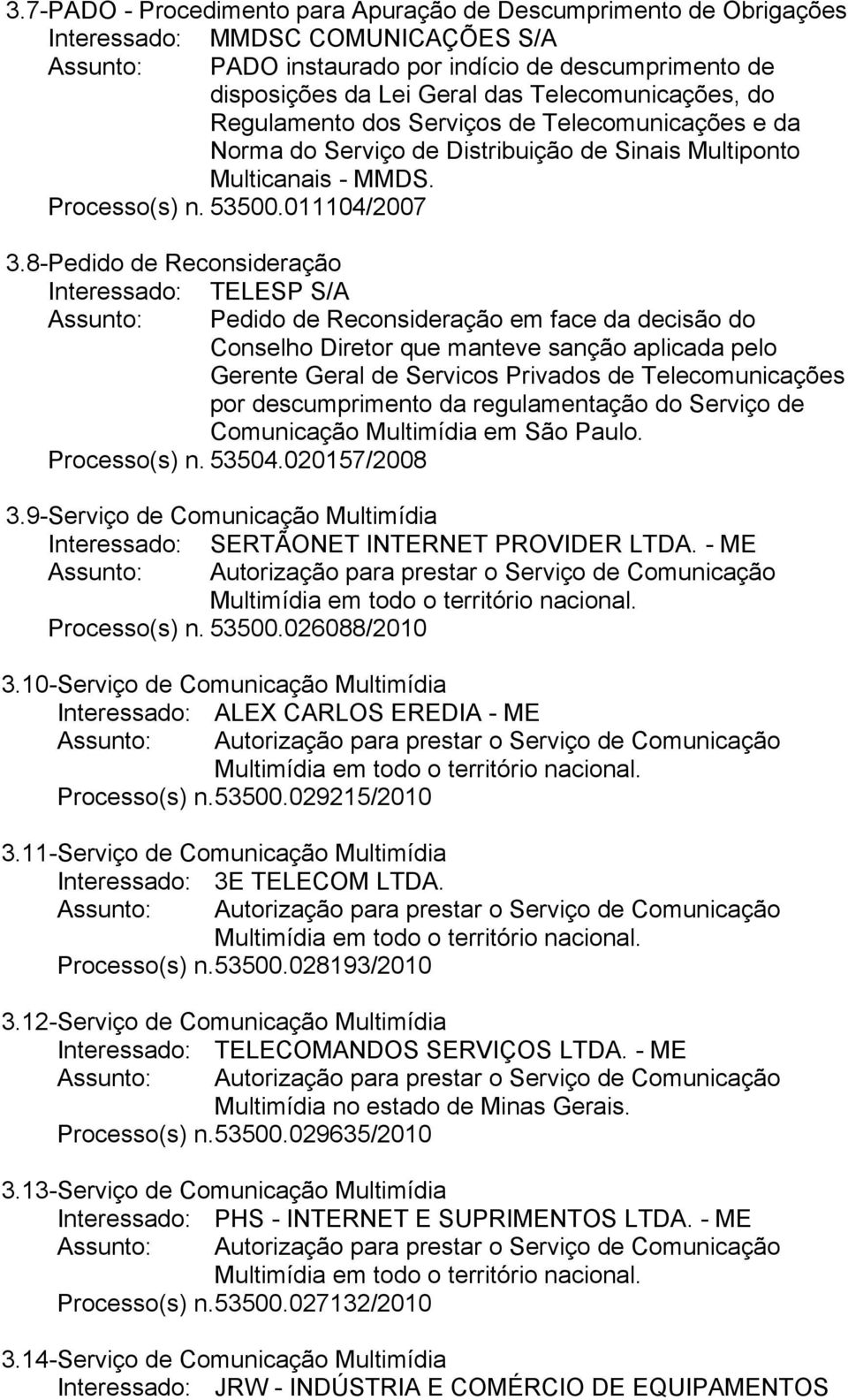 8- Pedido de Reconsideração Interessado: TELESP S/A Gerente Geral de Servicos Privados de Telecomunicações por descumprimento da regulamentação do Serviço de Comunicação Multimídia em São Paulo.