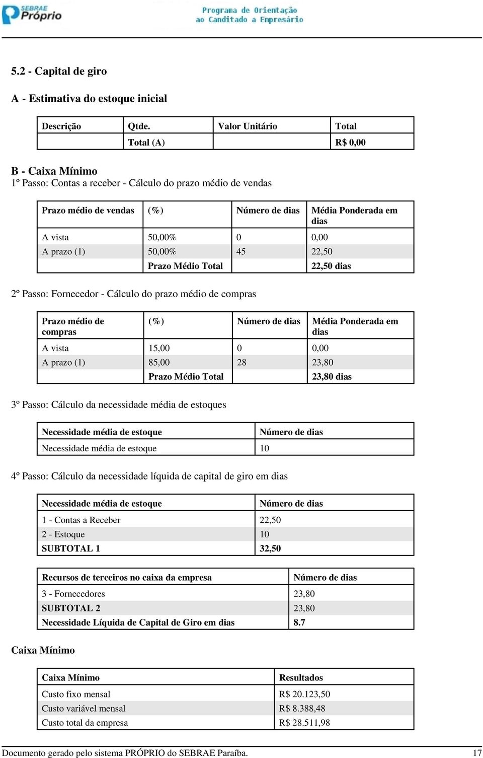 0,00 A prazo (1) 50,00% 45 22,50 Prazo Médio Total 22,50 dias 2º Passo: Fornecedor - Cálculo do prazo médio de compras Prazo médio de compras (%) Número de dias Média Ponderada em dias A vista 15,00