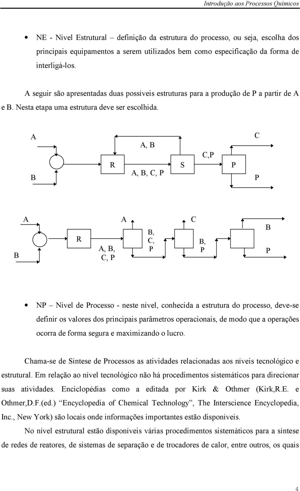 B, B C,P R S P, B, C, P C P B R, B, C, P B, C, P C B, P B P NP Nível de Processo - neste nível, conhecida a estrutura do processo, deve-se definir os valores dos principais parâetros operacionais, de