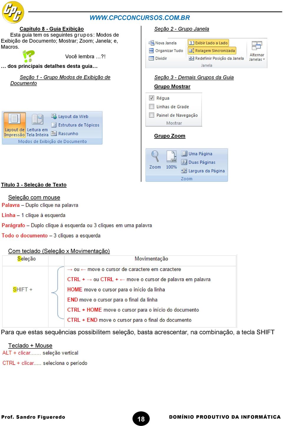 Seção 2 - Grupo Janela dos principais detalhes desta guia Seção 1 - Grupo Modos de Exibição de Documento Seção 3 - Demais