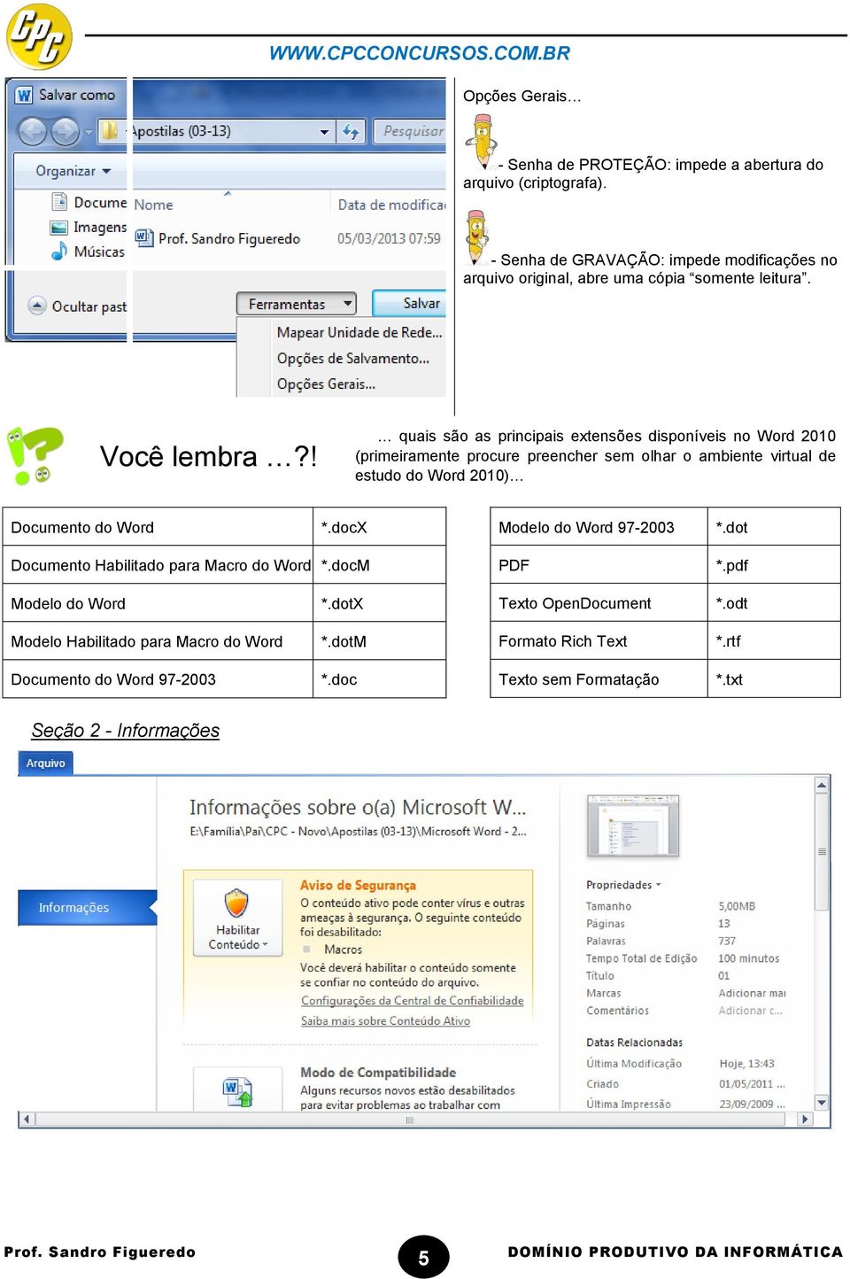 quais são as principais extensões disponíveis no Word 2010 (primeiramente procure preencher sem olhar o ambiente virtual de estudo do Word 2010) Documento