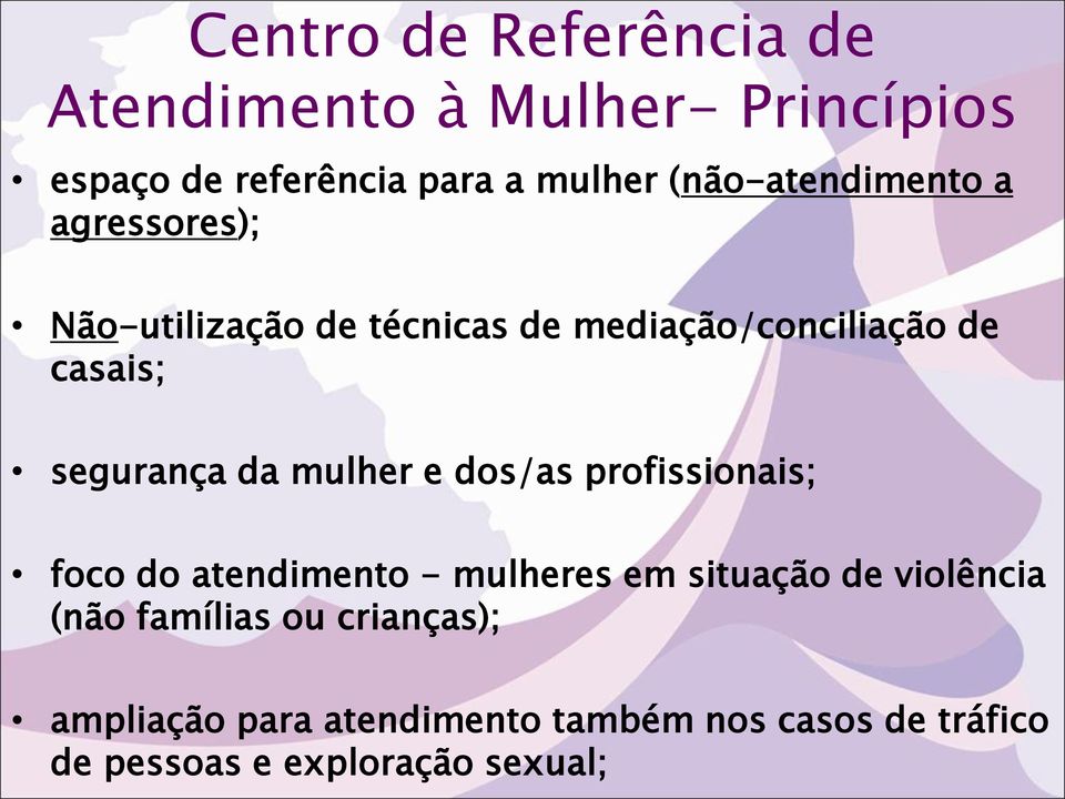 segurança da mulher e dos/as profissionais; foco do atendimento - mulheres em situação de violência