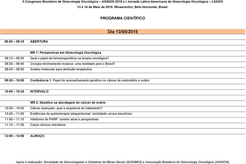 08:45 09:00 Análise molecular para definição terapêutica 09:30 10:00 Conferência 1: Papel do aconselhamento genético no câncer de endométrio e ovário 10:00 10:30 INTERVALO MR