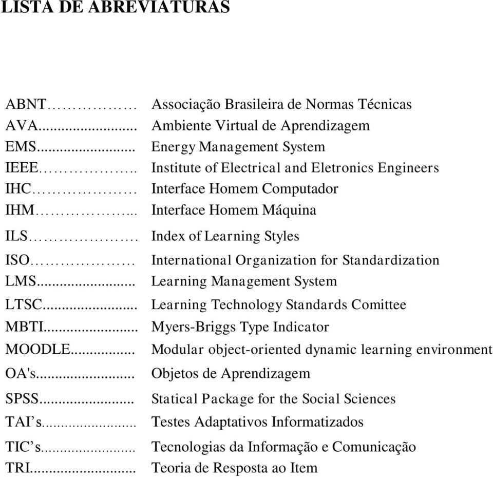 Index of Learning Styles ISO International Organization for Standardization LMS... Learning Management System LTSC... Learning Technology Standards Comittee MBTI.