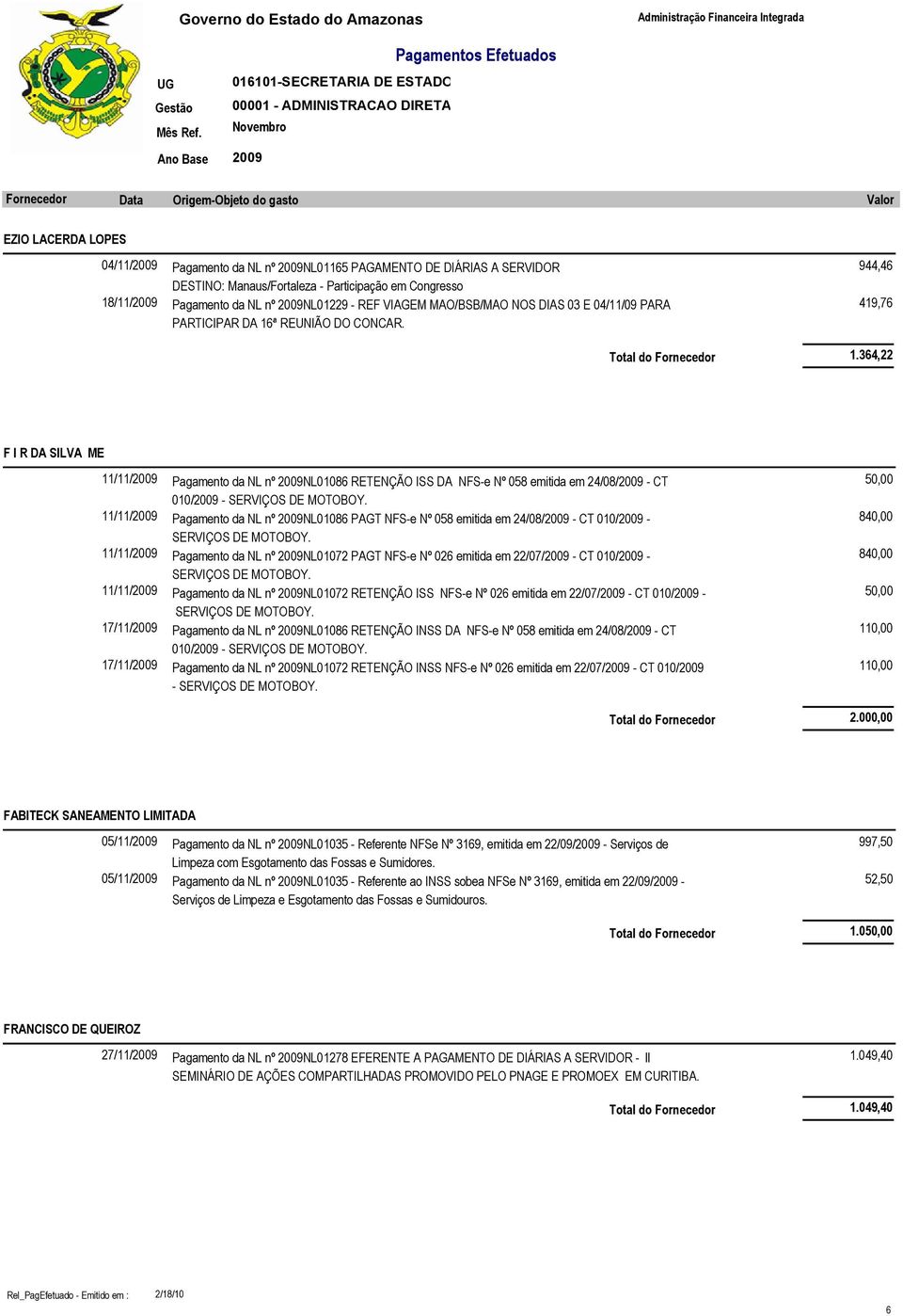 364,22 F I R DA SILVA ME 11/11/ Pagamento da NL nº NL01086 RETENÇÃO ISS DA NFS-e Nº 058 emitida em 24/08/ - CT 010/ - SERVIÇOS DE MOTOBOY.