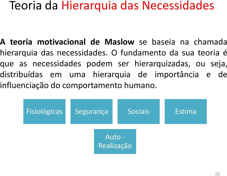 O fundamento da sua teoria é que as necessidades podem ser hierarquizadas, ou seja,