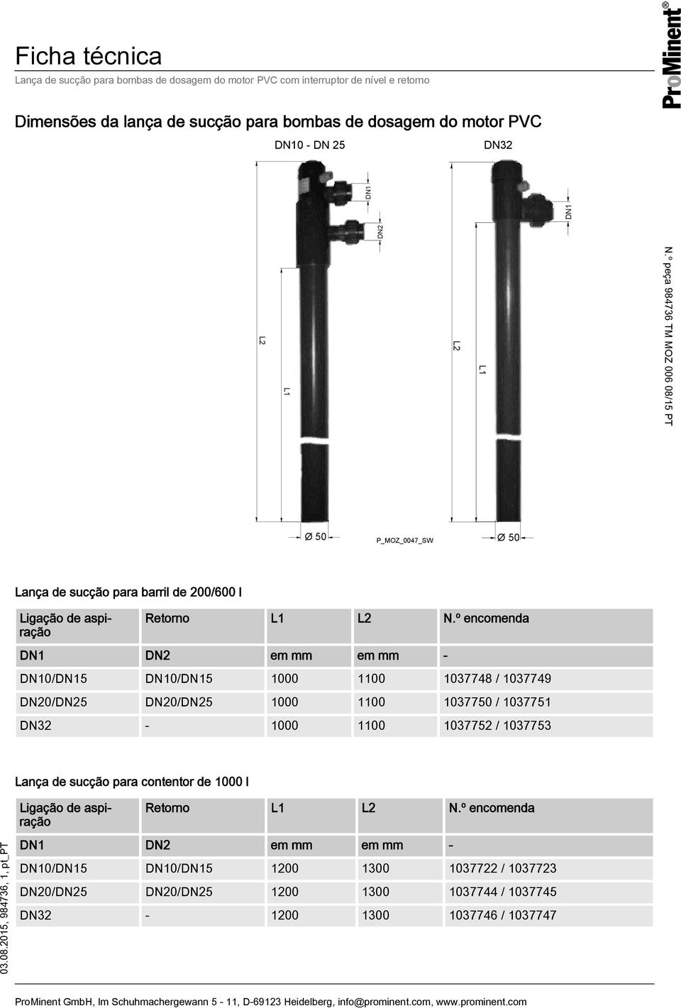 º encomenda DN1 DN2 em mm em mm - DN10/DN15 DN10/DN15 1000 1100 1037748 / 1037749 DN20/DN25 DN20/DN25 1000 1100 1037750 / 1037751 DN32-1000