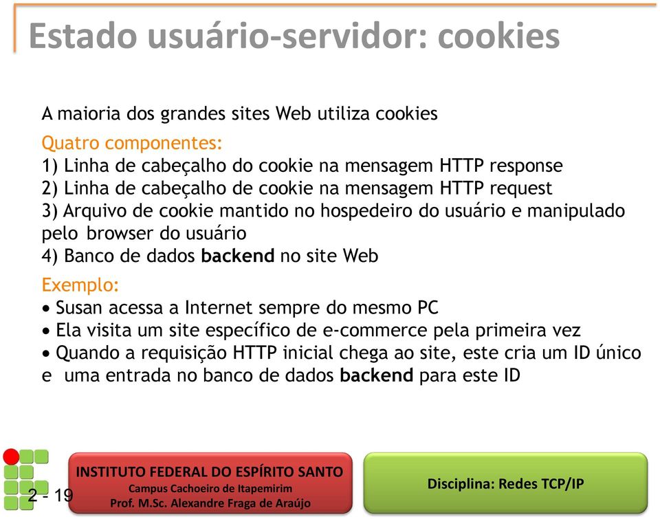 browser do usuário 4) Banco de dados backend no site Web Exemplo: Susan acessa a Internet sempre do mesmo PC Ela visita um site específico de