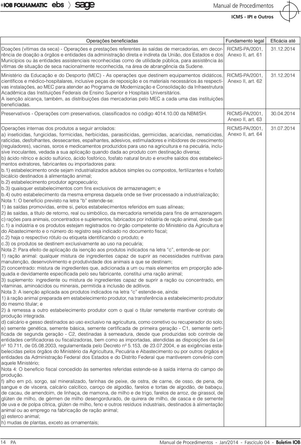 61 Ministério da Educação e do Desporto (MEC) - As operações que destinem equipamentos didáticos, científicos e médico-hospitalares, inclusive peças de reposição e os materiais necessários às