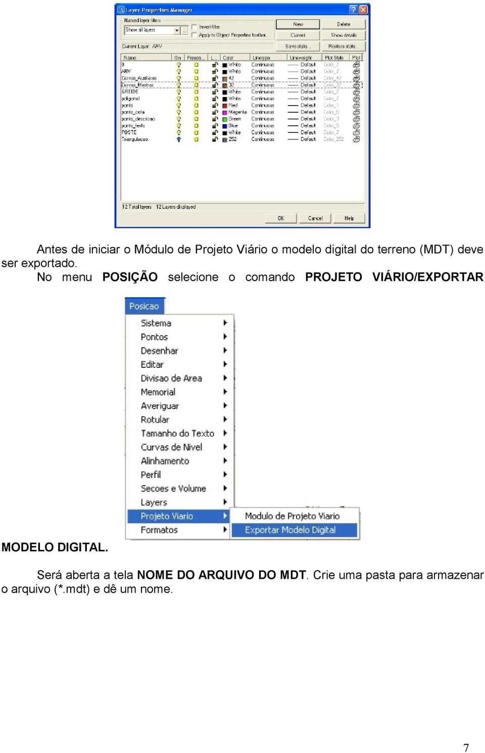 No menu POSIÇÃO selecione o comando PROJETO VIÁRIO/EXPORTAR MODELO