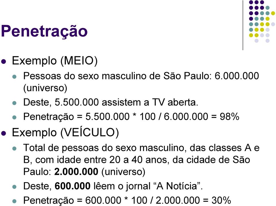 pessoas do sexo masculino, das classes A e B, com idade entre 20 a 40 anos, da cidade de São Paulo: 2.