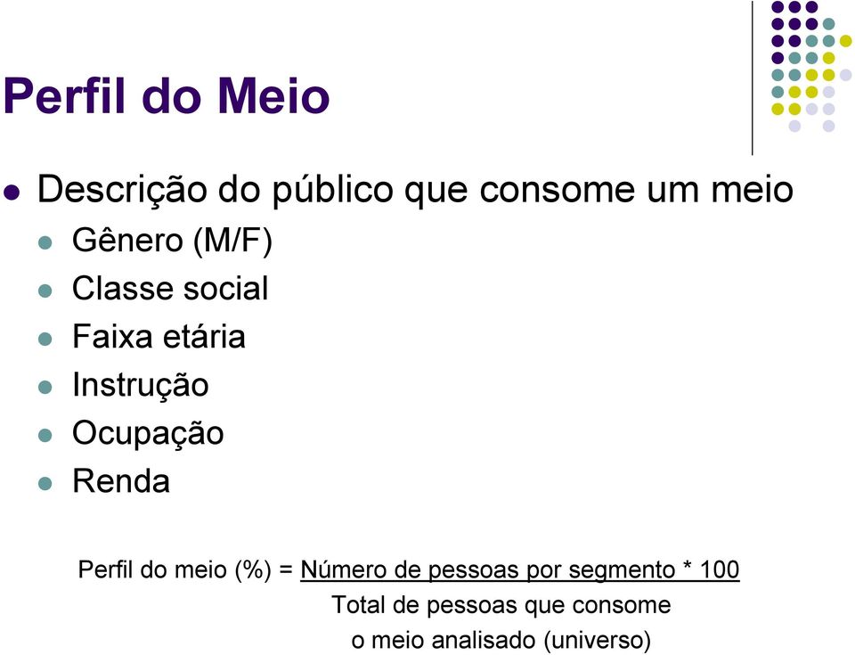 Renda Perfil do meio (%) = Número de pessoas por segmento