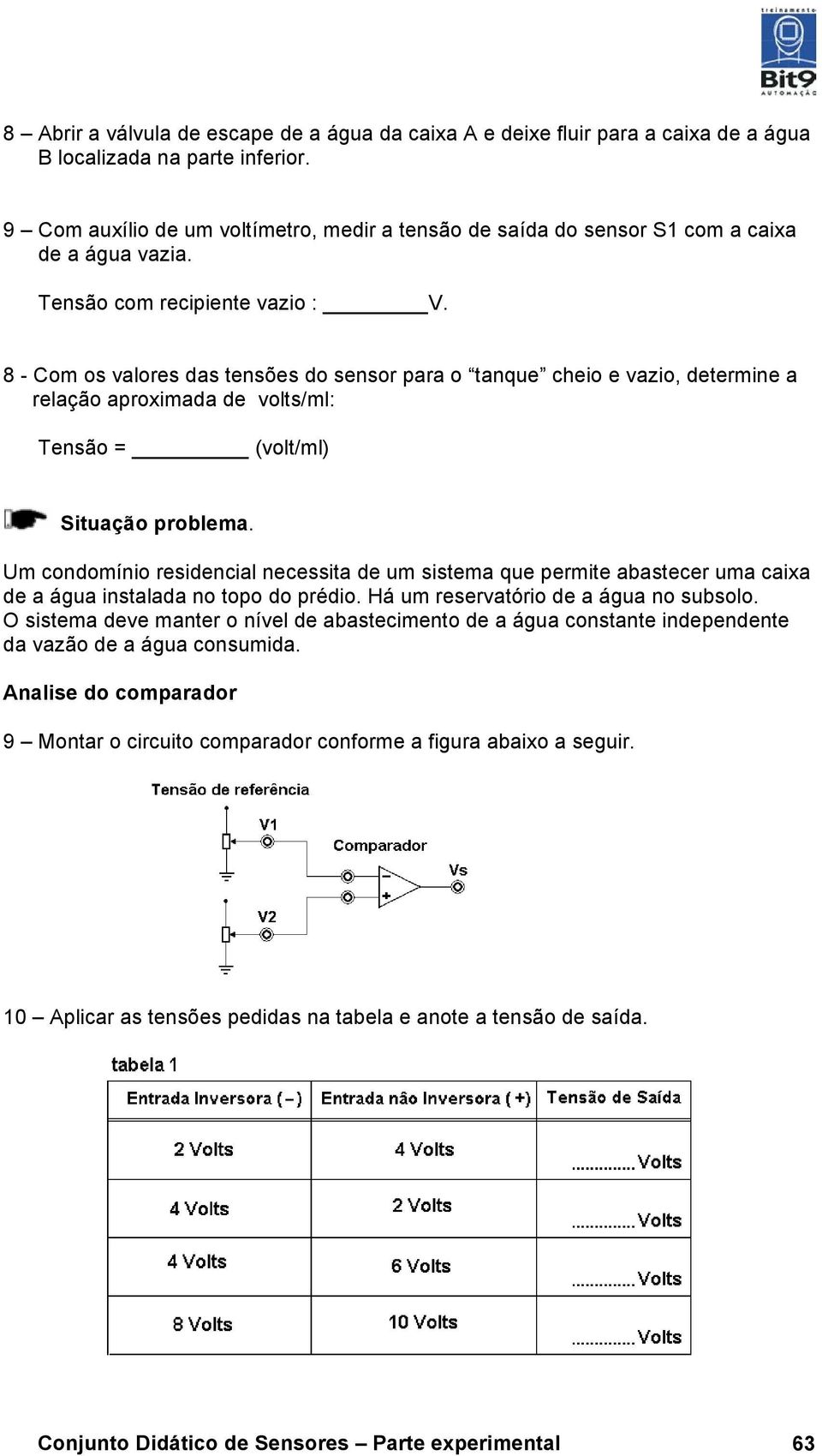 8 - Com os valores das tensões do sensor para o tanque cheio e vazio, determine a relação aproximada de volts/ml: Tensão = (volt/ml) Situação problema.