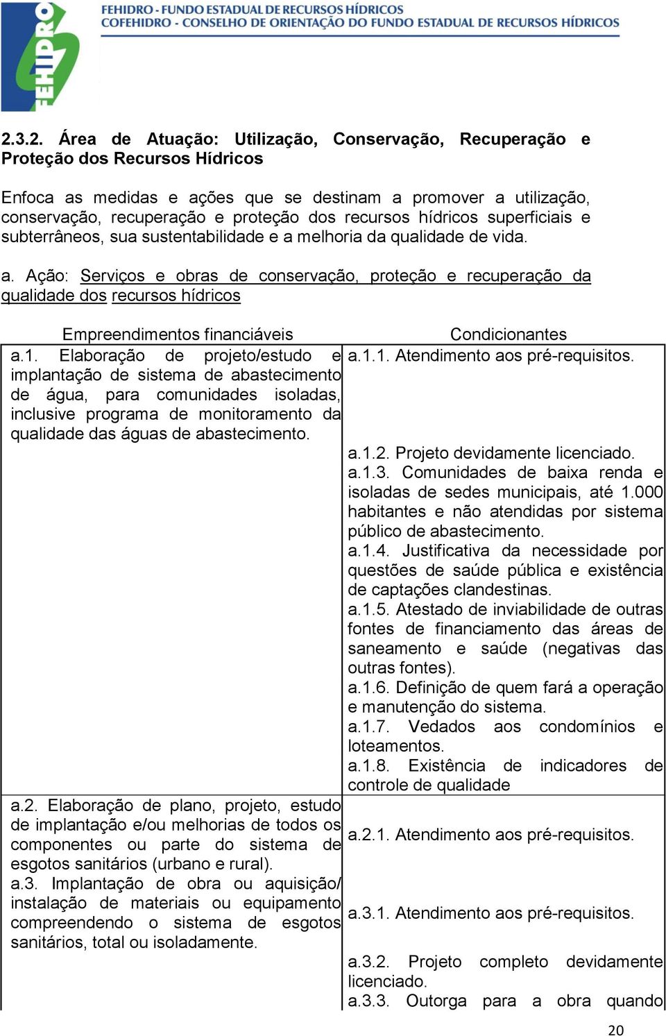 melhoria da qualidade de vida. a. Ação: Serviços e obras de conservação, proteção e recuperação da qualidade dos recursos hídricos Empreendimentos financiáveis a.1.