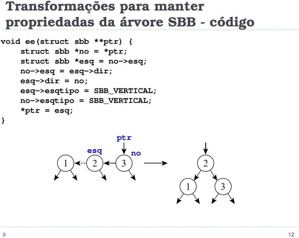 *esq = no->esq; no->esq = esq->dir; esq->dir = no; esq->esqtipo