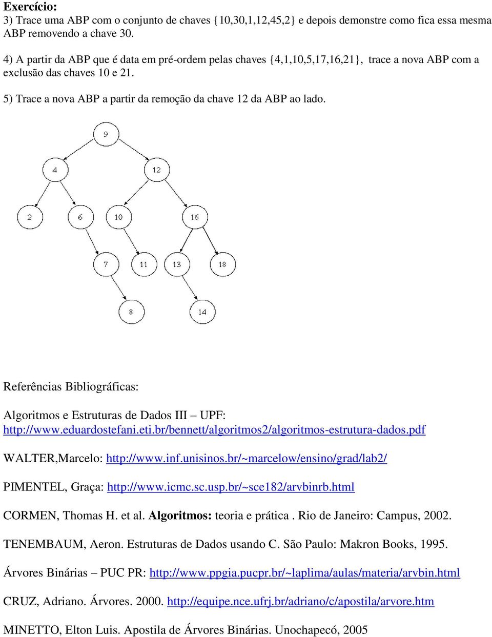 Referências Bibliográficas: Algoritmos e Estruturas de Dados III UPF: http://www.eduardostefani.eti.br/bennett/algoritmos2/algoritmos-estrutura-dados.pdf WALTER,Marcelo: http://www.inf.unisinos.