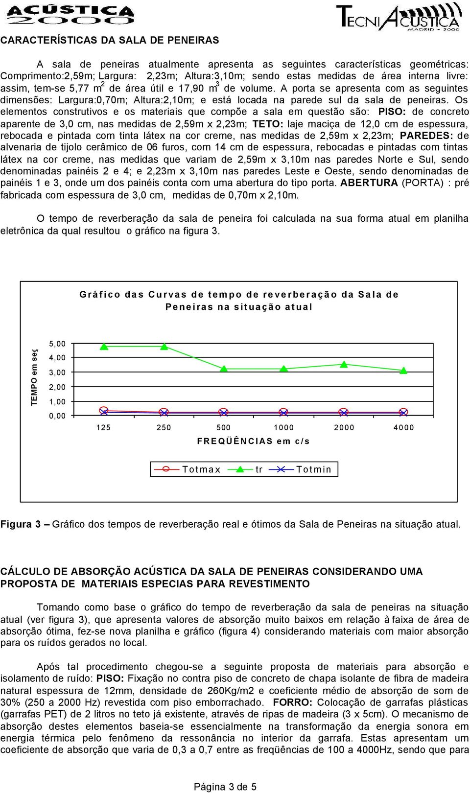 Os elementos construtivos e os materiais que compõe a sala em questão são: PISO: de concreto aparente de 3,0 cm, nas medidas de 2,59m x 2,23m; TETO: laje maciça de 12,0 cm de espessura, rebocada e