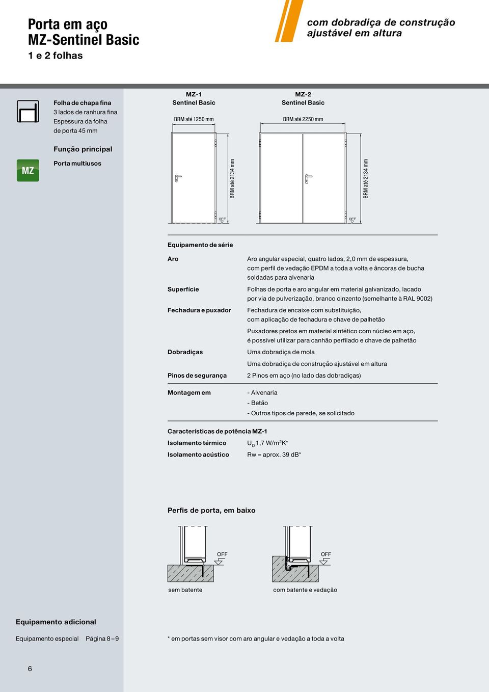 perfil de vedação EPDM a toda a volta e âncoras de bucha soldadas para alvenaria Superfície Folhas de porta e aro angular em material galvanizado, lacado por via de pulverização, branco cinzento