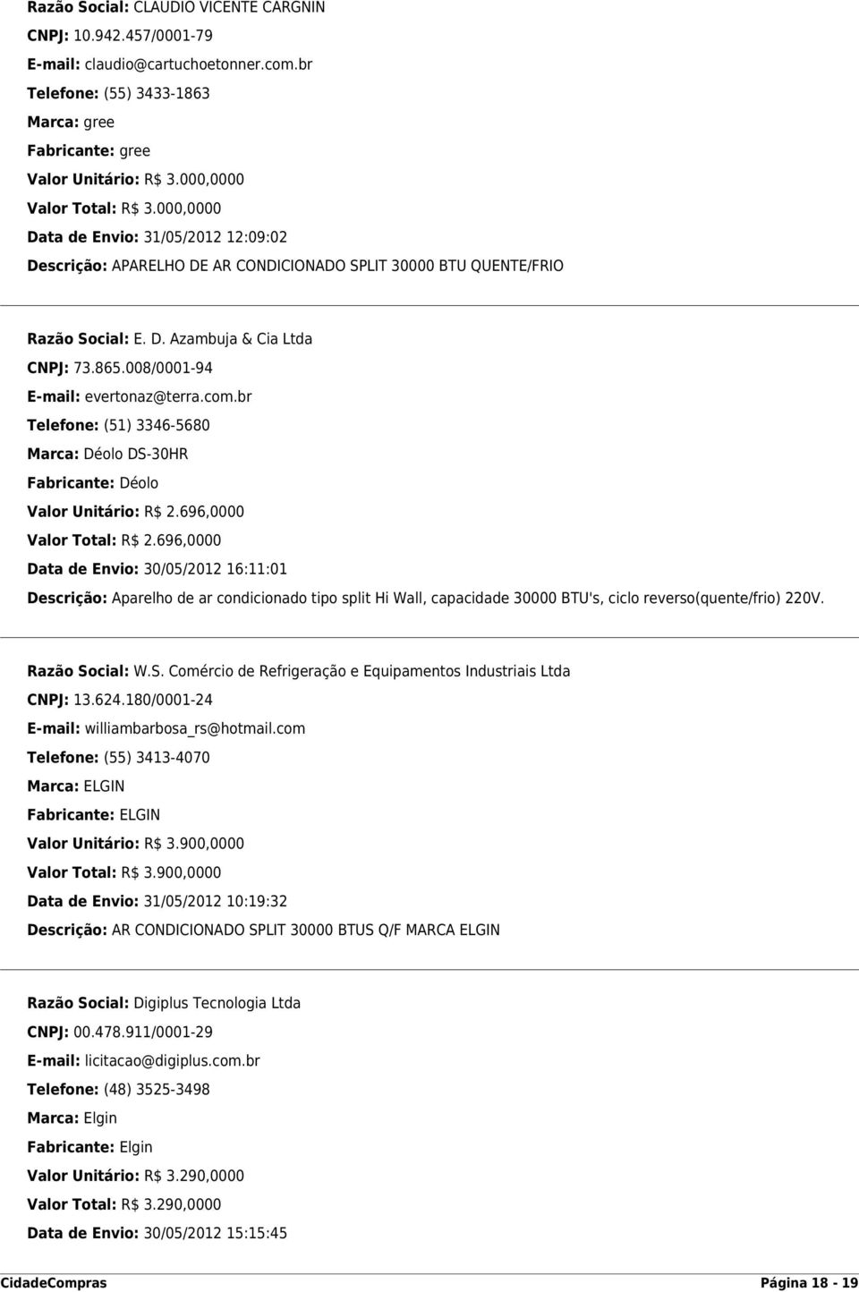 008/0001-94 E-mail: evertonaz@terra.com.br Telefone: (51) 3346-5680 Marca: Déolo DS-30HR Fabricante: Déolo Valor Unitário: R$ 2.696,0000 Valor Total: R$ 2.