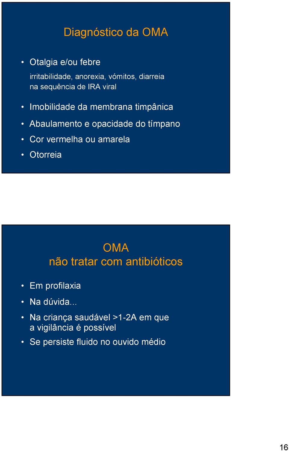 tímpano Cor vermelha ou amarela Otorreia OMA não tratar com antibióticos Em profilaxia Na