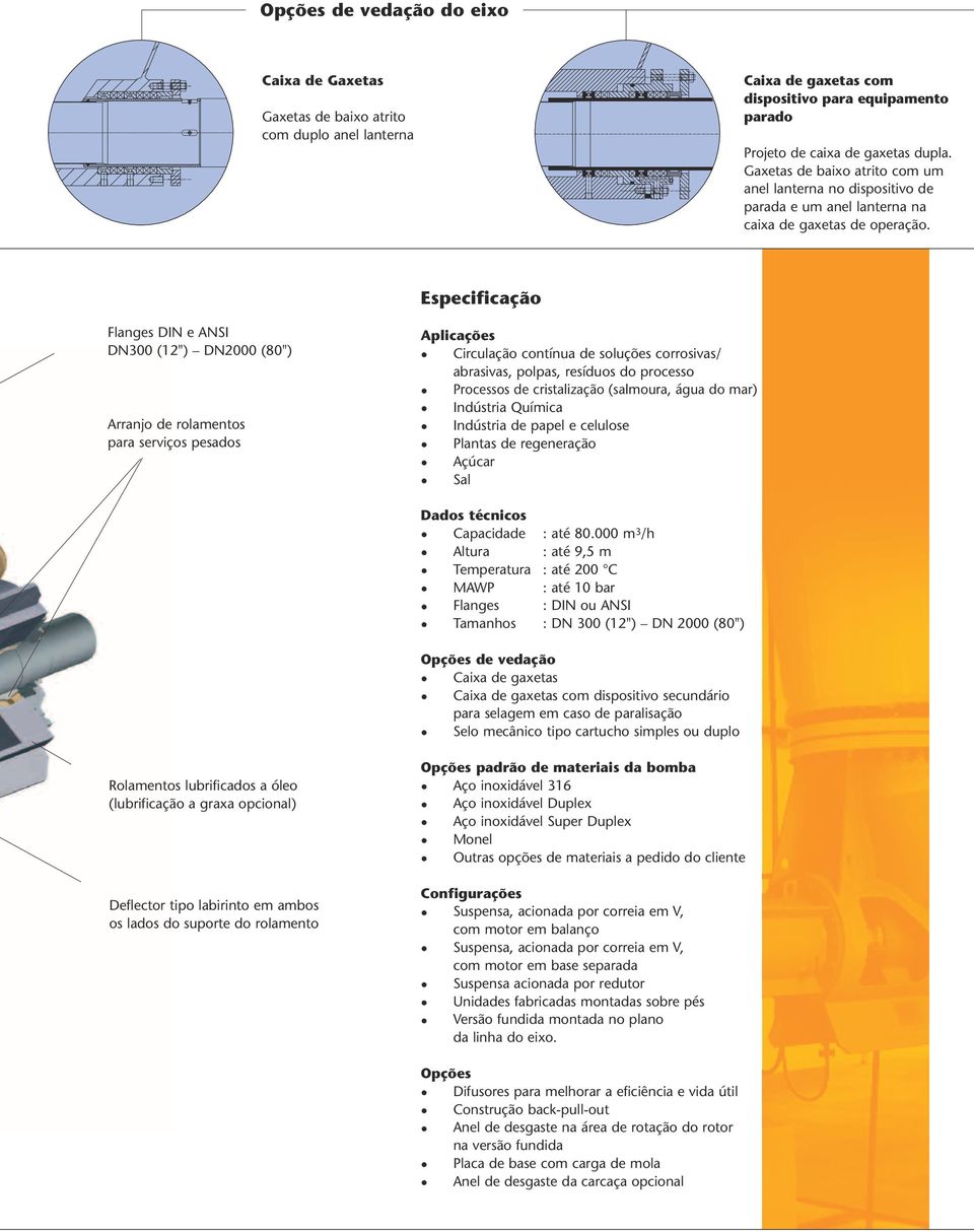 Especificação Flanges DIN e ANSI DN300 (12") DN2000 (80") Arranjo de rolamentos para serviços pesados Aplicações Circulação contínua de soluções corrosivas/ abrasivas, polpas, resíduos do processo