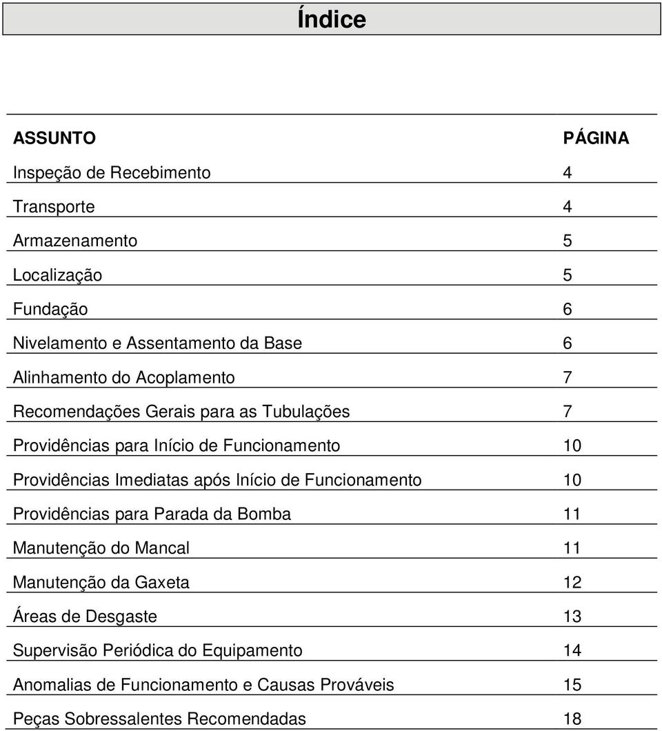 Providências Imediatas após Início de Funcionamento 10 Providências para Parada da Bomba 11 Manutenção do Mancal 11 Manutenção da